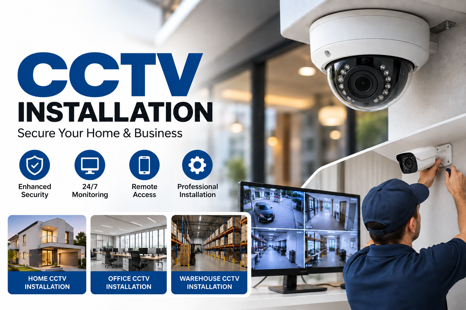 Professional CCTV installation — home, office and warehouse